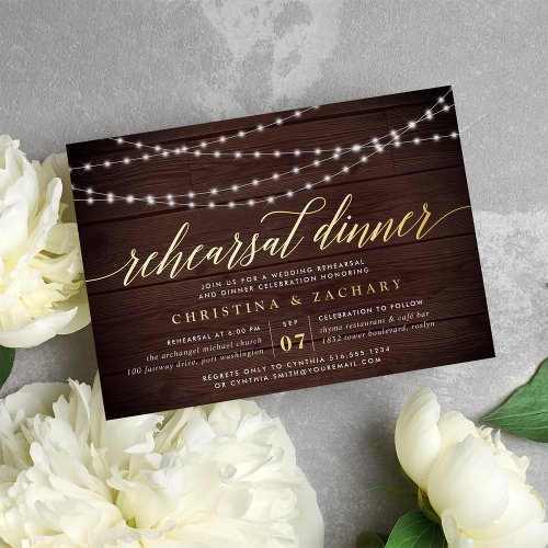 Rustic String Lights Rehearsal Dinner Foil Invitation