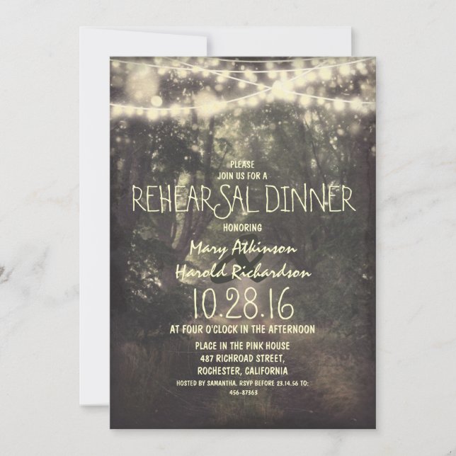 rustic string lights rehearsal dinner invitation (Front)