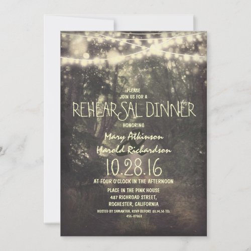 rustic string lights rehearsal dinner invitation