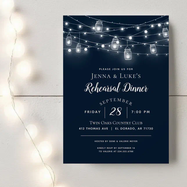 Rustic String Lights Rehearsal Dinner Invitation 