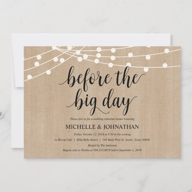 Rustic String Lights Rehearsal Dinner Invites (Front)