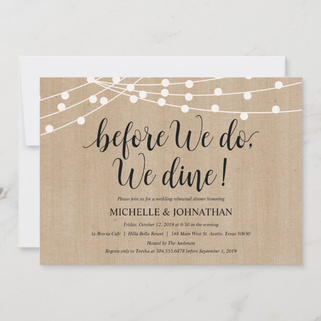 Rustic String Lights Rehearsal Dinner Invites (Front)