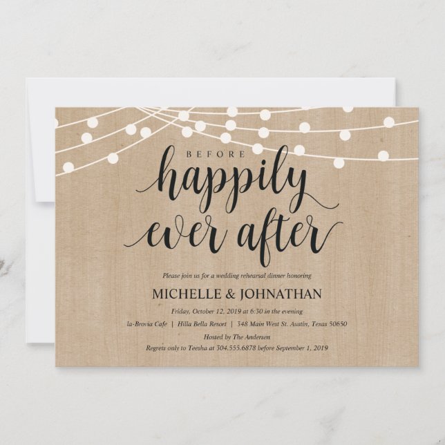 Rustic String Lights Rehearsal Dinner Invites (Front)