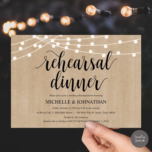 Rustic String Lights Rehearsal Dinner Invites