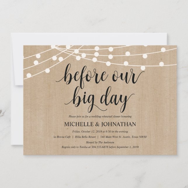 Rustic String Lights Rehearsal Dinner Invites (Front)