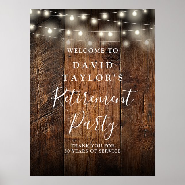 Rustic String Lights Retirement Party Welcome Sign (Front)
