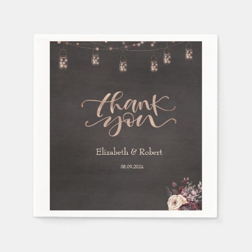 Rustic String Lights Roses Thank You Card Napkins