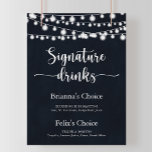 Rustic String Lights Signature Drinks Sign<br><div class="desc">This rustic string lights signature drinks sign is perfect for a simple wedding. The design features beautiful hand-painted string lights in a dark blue background. Personalize the sign with the names of the bride and groom and their favorite drink choice.</div>