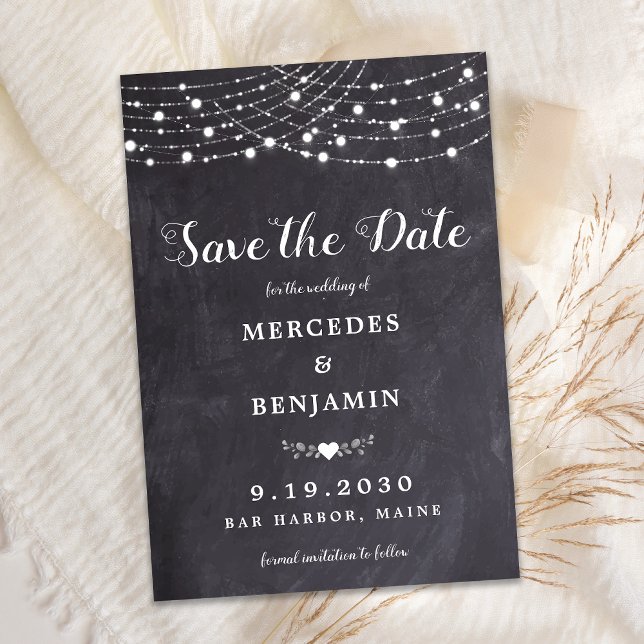 Rustic String Lights Slate Wedding Save The Date Note Card (Creator Uploaded)