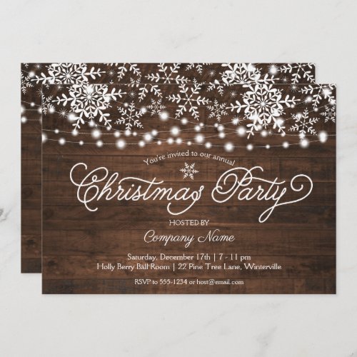 Rustic String Lights Snowflakes Company Christmas Invitation