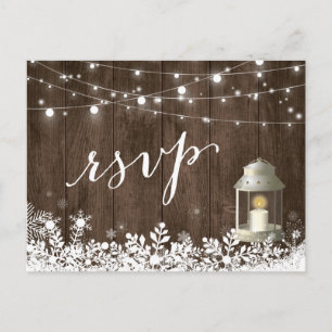 Rustic String Lights Snowflakes Wedding RSVP Invitation Postcard