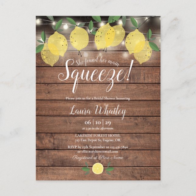 Rustic String Lights Squeeze Lemons Bridal Shower Announcement Postcard (Front)