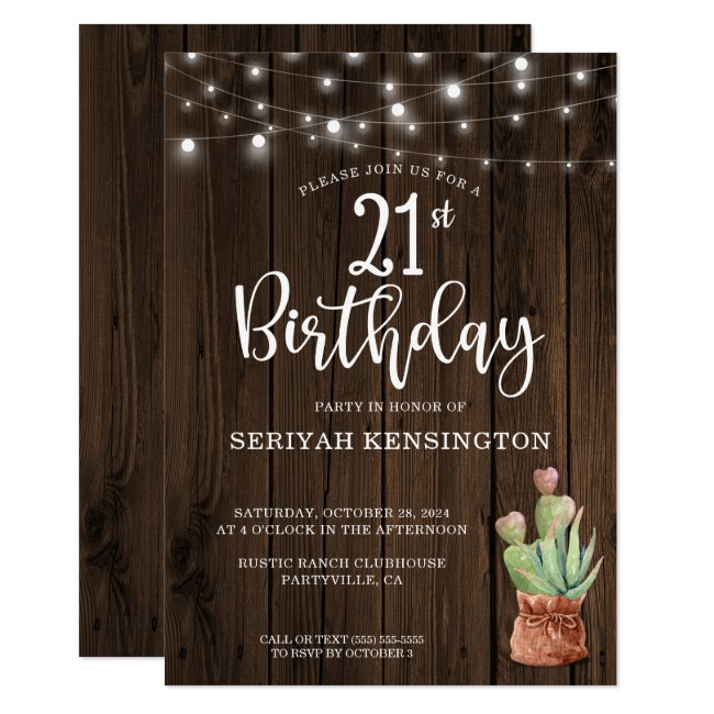 Rustic String Lights Succulent 21st Birthday Invitation