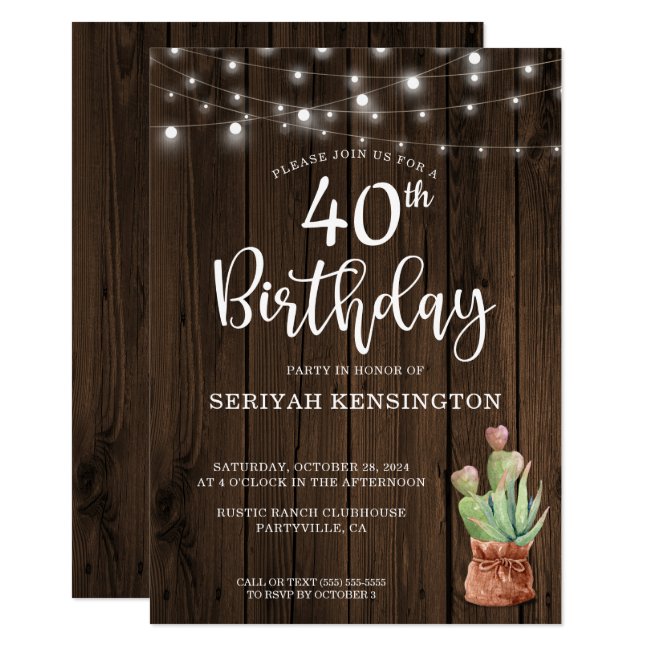 Rustic String Lights Succulent 40th Birthday Invitation