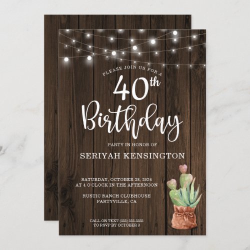 Rustic String Lights Succulent 40th Birthday Invitation