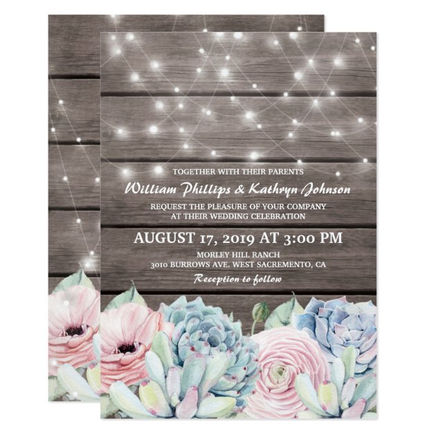 Rustic String Lights Succulent Floral Wedding Invitation
