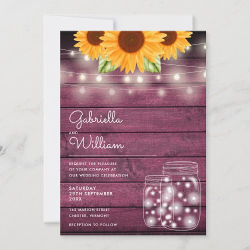 Rustic String Lights Sunflower Mason Jars Wedding Invitation