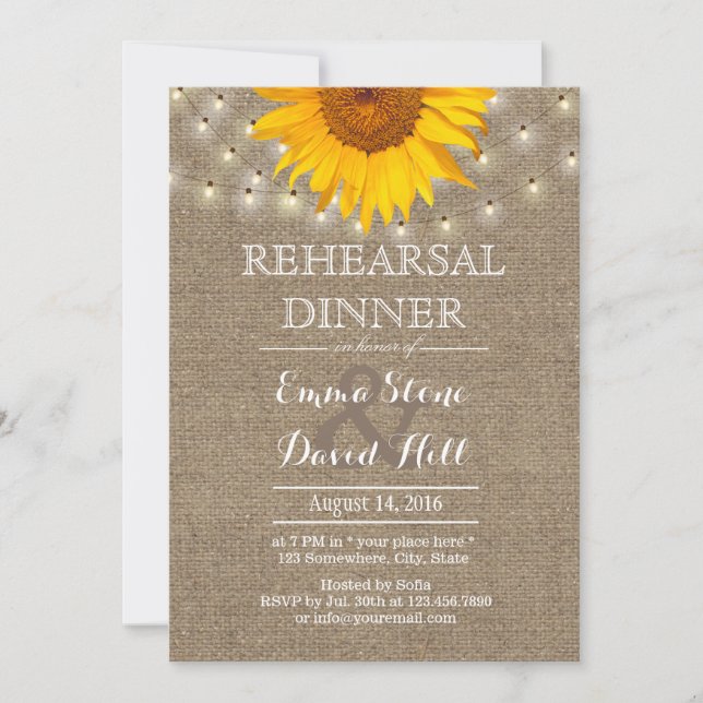 Rustic String Lights & Sunflower Rehearsal Dinner Invitation (Front)