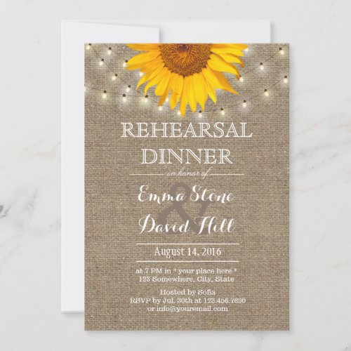 Rustic String Lights  Sunflower Rehearsal Dinner Invitation