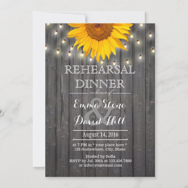 Rustic String Lights & Sunflower Rehearsal Dinner Invitation (Front)