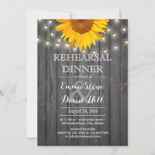 Rustic String Lights  Sunflower Rehearsal Dinner Invitation