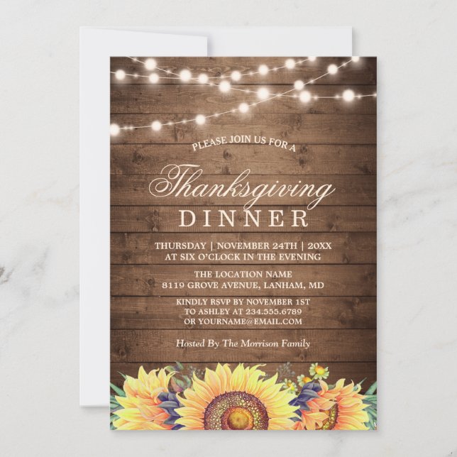 Rustic String Lights Sunflower Thanksgiving Dinner Invitation (Front)