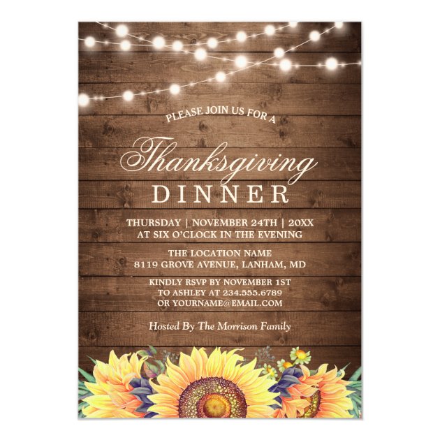 Rustic String Lights Sunflower Thanksgiving Dinner Invitation
