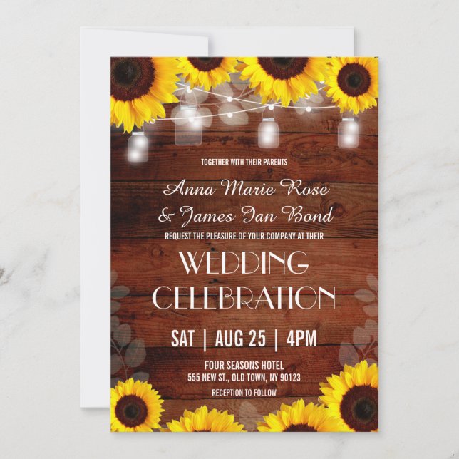 Rustic String Lights Sunflower Wedding Cards (Front)