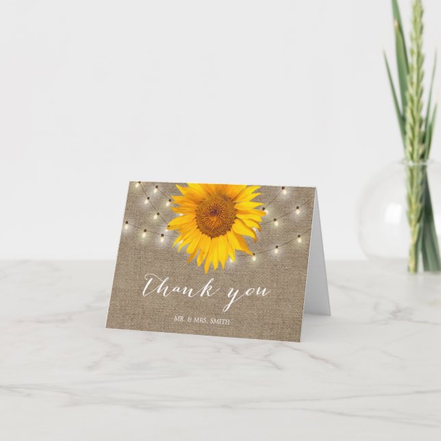Rustic String Lights Sunflower Wedding Thank You (Front)