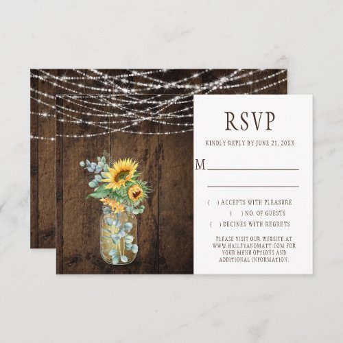 Rustic String Lights Sunflowers Mason Jars RSVP Invitation