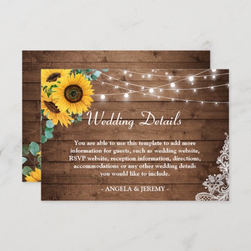 Rustic String Lights Sunflowers Wedding Details Enclosure Card Zazzle