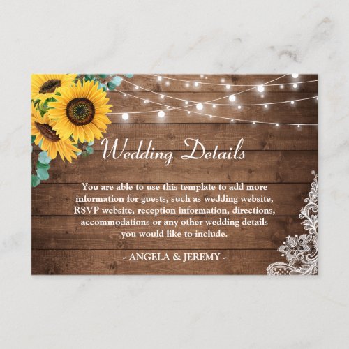 Rustic String Lights Sunflowers Wedding Details Enclosure Card - Customize this "Rustic Wood String Lights Sunflowers Floral Wedding Details Card" to perfectly match your invitations. You are able to add more info on the back of the card. For further customization, please click the "customize further" link and use our design tool to modify this template. If you need help or matching items, please contact me.