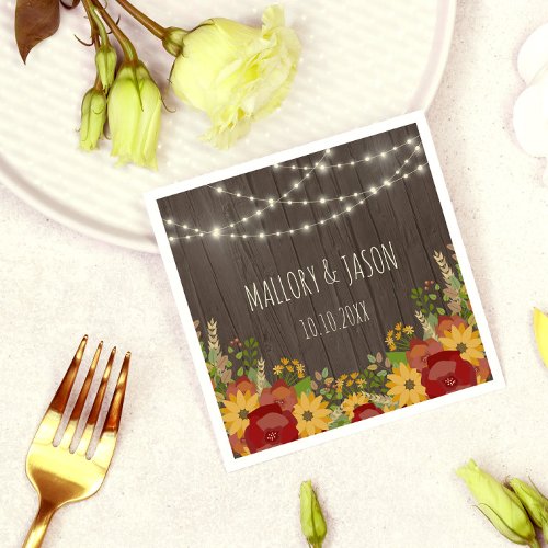 Rustic String Lights  Sunflowers Wedding Paper Napkins