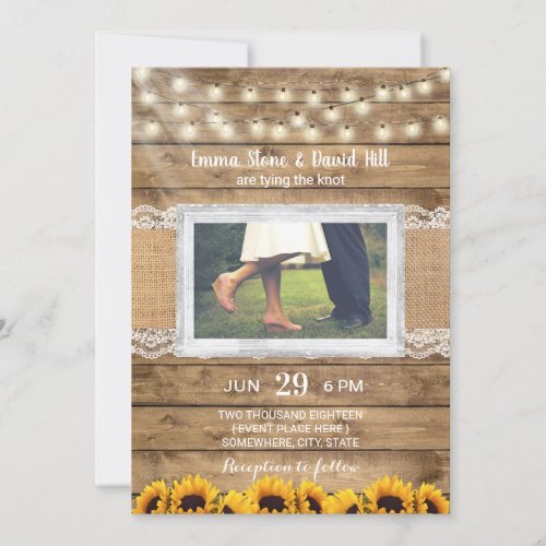 Rustic String Lights  Sunflowers Wedding Photo Invitation