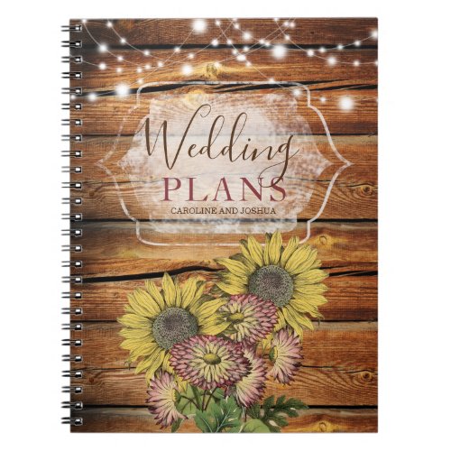 Rustic String Lights Sunflowers Wedding Planner Notebook