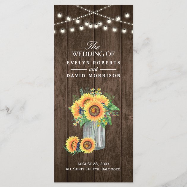 Rustic String Lights Sunflowers Wedding Program