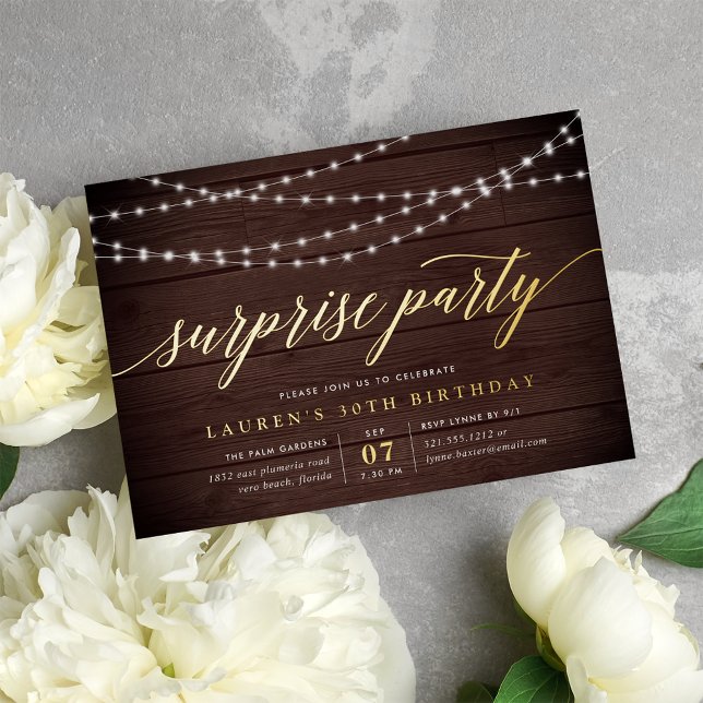 Rustic String Lights Surprise Party Foil Invitation (Creator Uploaded)