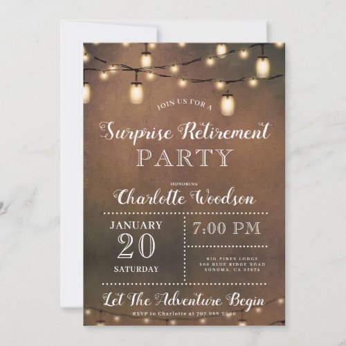 Rustic String Lights Surprise Retirement Party Invitation