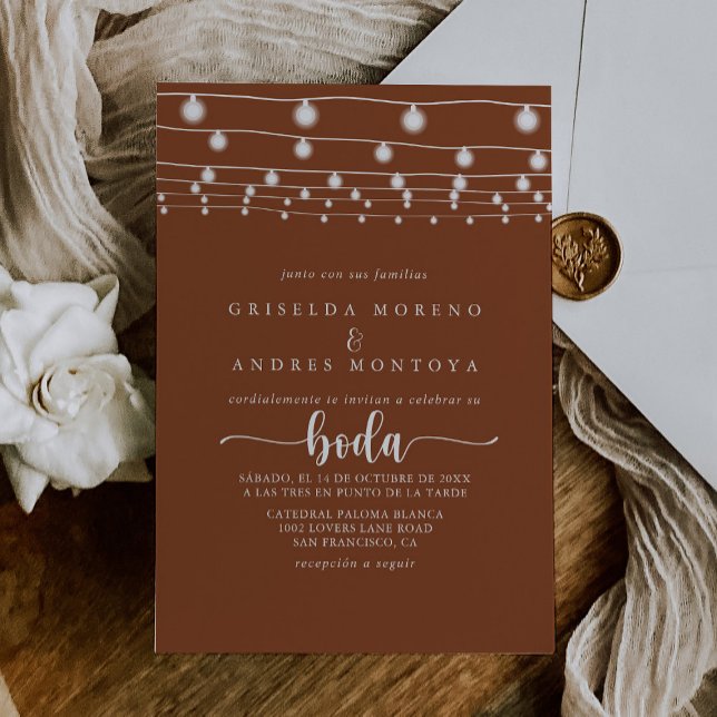 Rustic String Lights Terracotta Spanish Wedding  Invitation (Creator Uploaded)