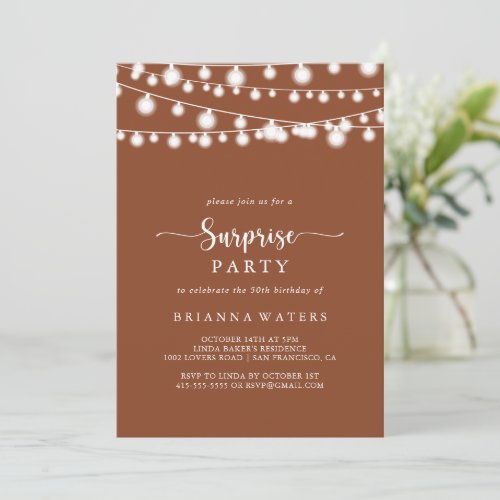 Rustic String Lights Terracotta Surprise Party  Invitation