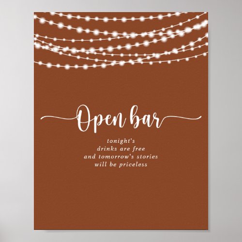 Rustic String lights Terracotta Wedding Open Bar  Poster