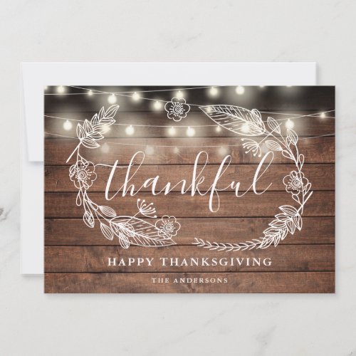 Rustic String Lights Thankful Photo Thanksgiving Holiday Card