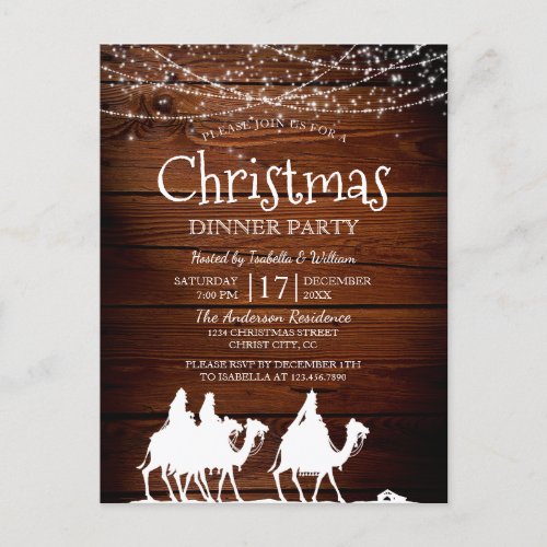 Rustic String Lights Three Kings Christmas Party Invitation Postcard