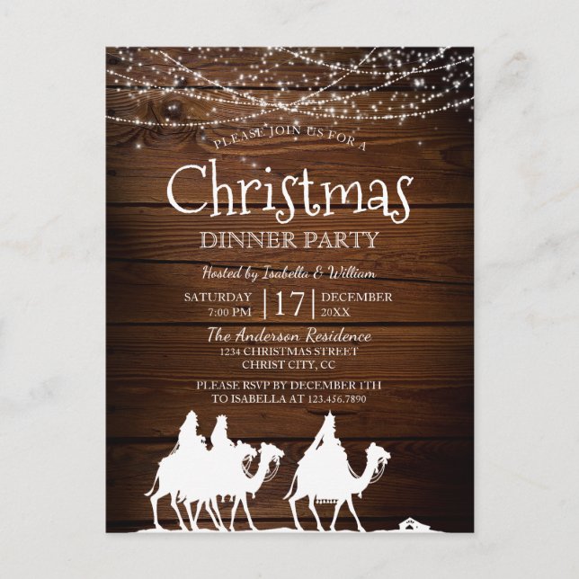 Rustic String Lights Three Kings Christmas Party Invitation Postcard (Front)