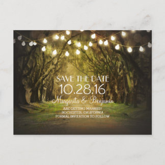 Rustic String Lights Tree Path Save the Date Announcement Postcard