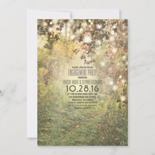 Rustic string lights trees path engagement party invitation (Front)