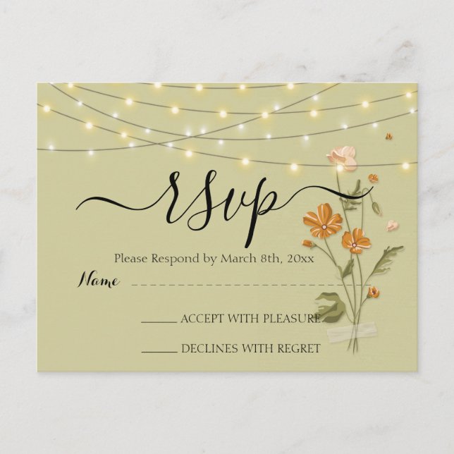 Rustic string lights trendy  Floral   RSVP   Postcard (Front)