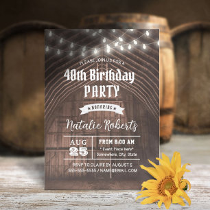 Rustic String Lights Vintage Barn 40th Birthday Invitation