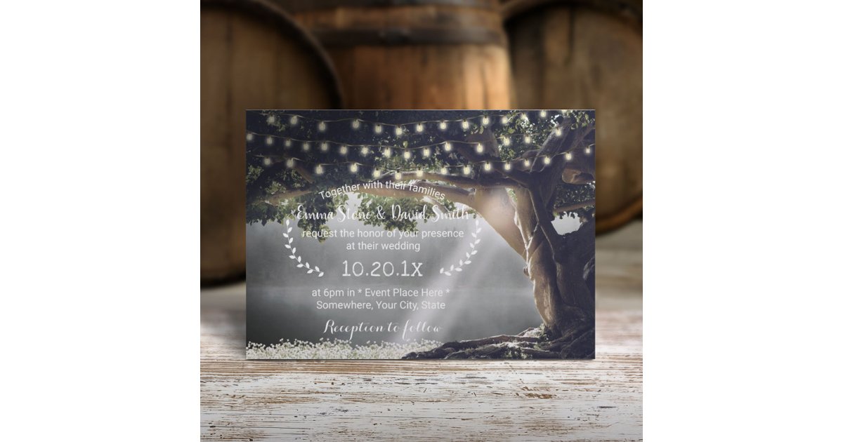 Rustic String Lights Vintage Tree & Lake Wedding Invitation | Zazzle