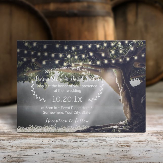 Rustic String Lights Vintage Tree & Lake Wedding Invitation (Creator Uploaded)